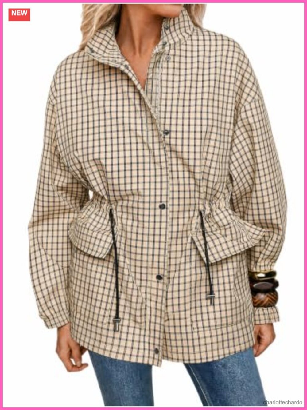 Women's Plaid Zip Up Casual Jacket Windproof Lightweight Trench Coat